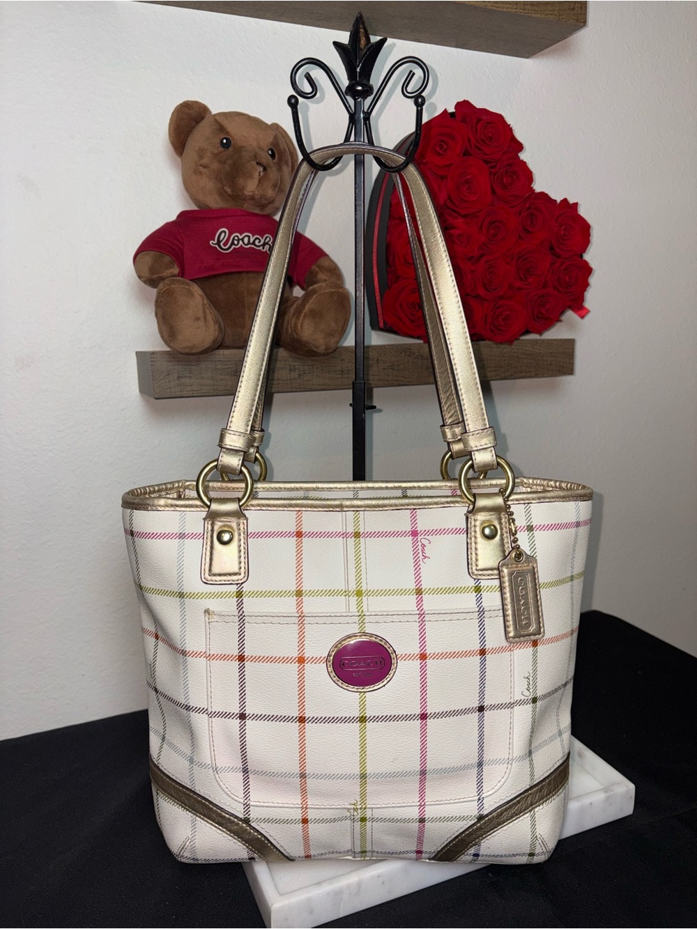 Coach Peyton Tattersall Print Tote with Gold Metallic Trim Should Bag